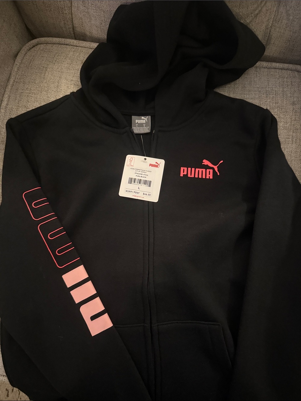 Puma Black Hoodie with Pink Logo & Sleeve Accents